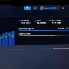 Monitorowanie pobierania na Steam. Sieć działa z prędkością 25.1 Mbps, szukaj sposobów, jak przyśpieszyć pobieranie na Steam.