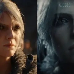 Ciri, nowy wiedzmin, z blizną na policzku i siwymi włosami, gotowa do walki.
