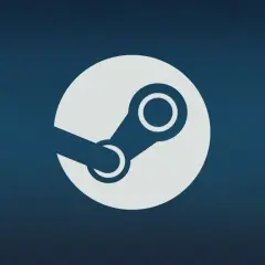 Białe logo Steam, przypominające obłok pary, na granatowym tle.