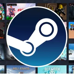 Logo Steam na tle okładek gier komputerowych.
