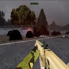 Gracz w grze typu extraction shooter trzyma karabin, celując w opuszczony teren z martwymi ciałami.