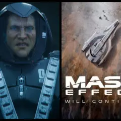 Postać w hełmie i statek kosmiczny z logo Mass Effect.