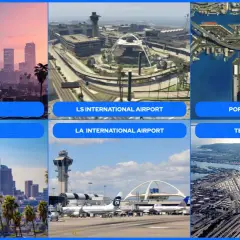 Widok na miasto Los Santos o zachodzie słońca, lotnisko, port i wyspę terminalową.