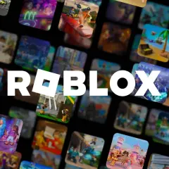 Logo Roblox otoczone mozaiką z miniaturkami fajne gry na roblox. Widać różne światy i postacie.