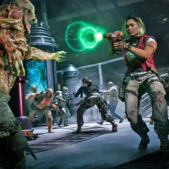 Kobieta strzela do hordy zombie z futurystycznej broni. Intensywna akcja w stylu gry o zombie.