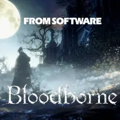 Postać w płaszczu pod wielką księżycem, logo Bloodborne i napis FROM SOFTWARE.