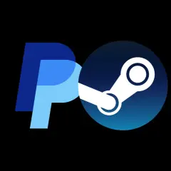 Logo PayPal połączone z logo Steam na czarnym tle.