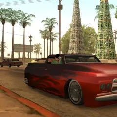 Akcja w San Andreas: czerwony wóz z płomieniami, strzelanina i uciekający gang.