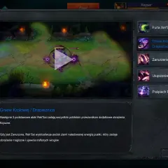 Interfejs gry League of Legends, prezentujący Rek'Sai i jej umiejętności. Widać fragment mapy i opis zdolności "Gniew Królowej / Drapieżnica".