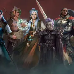 Pięć postaci z gry RPG na PC: elfka, łucznik, czarodziejka, mroczny wojownik i rycerka.