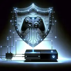 Xbox z kontrolerem i tarczą ochronną połączone obwodami.