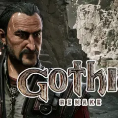 Postać z gry **Gothic** Remake, w tle skaliste tereny i drewniane beczki.