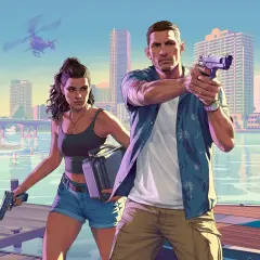 Para GTA 6 PC: para, uzbrojeni po zęby, przygotowują się do akcji na tle słonecznego miasta.
