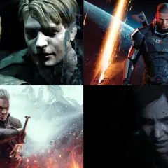 Cztery sceny z gier komputerowych: James Sunderland z Silent Hill 2, Commander Shepard z Mass Effect, Geralt z Wiedźmina 3 i Ellie z The Last of Us Part II.