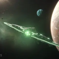 Statek kosmiczny Stellaris 2 z zielonymi światłami zbliża się do planety.