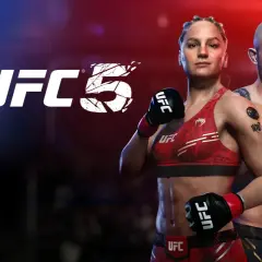 EA Sports UFC 5 na PC. Dwie postacie fighterów UFC, kobieta i mężczyzna, gotowi do walki.