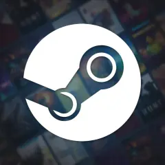 Białe logo Steam na tle okładek gier.