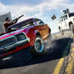 Dynamiczna scena z gry Far Cry 5: czerwony muscle car i biały pickup ścigają się, strzelając do siebie. Sprawdź wymagania sprzętowe!
