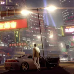 Nocne miasto z neonami, jak w Sleeping Dogs 2. Mężczyzna w garniturze wychodzi z luksusowego auta.