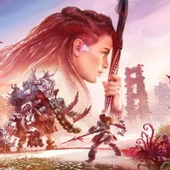 Aloy walczy z mechanicznymi bestiami w świecie Horizon Zero Dawn 2. Gigantyczna głowa Aloy dominuje nad sceną.