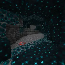 Mroczne, pikselowe korytarze Minecrafta, gdzie świecące bloki sugerują obecność potężnego **wardena**.