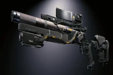 Cyberpunk 2077 najlepsze bronie: futurystyczny karabin snajperski z celownikiem i dodatkowymi modułami, gotowy do akcji w Night City.