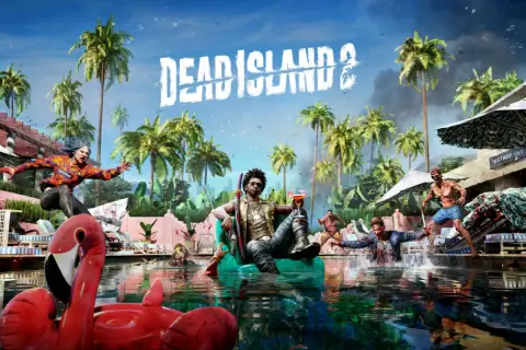 Wspólna zabawa w Dead Island 2: ludzie walczą z zombie w basenie, otoczeni palmami i zniszczeniem.