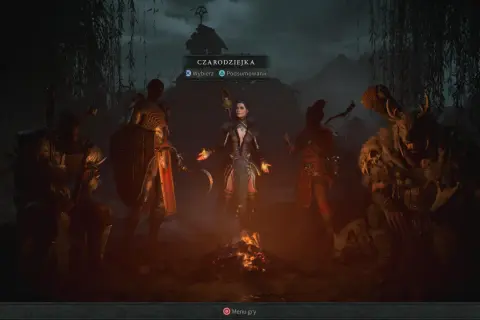 Wybór postaci w Diablo 4: Czarnoksiężniczka, Barbarzyńca, Łowczyni i Druid.