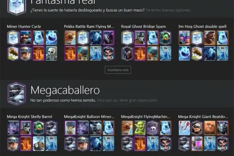 Karty do Clash Royale: "Fantasma real" i "Megacaballero" z przykładowymi taliami.