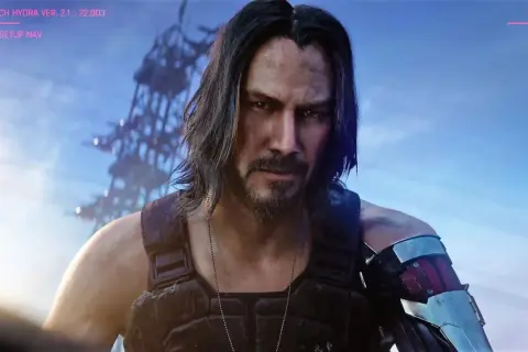 Johnny Silverhand, aktor z Cyberpunk 2077, w swoim charakterystycznym stroju, z cybernetycznym ramieniem.