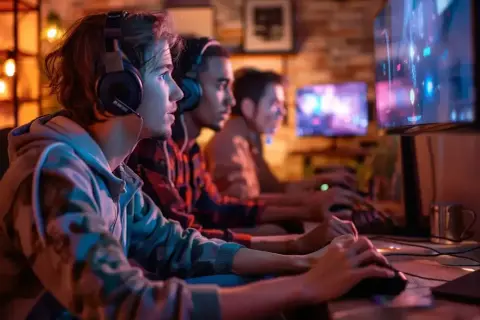 Trzech przyjaciół gra w gry multiplayer PC, skupieni na ekranach.