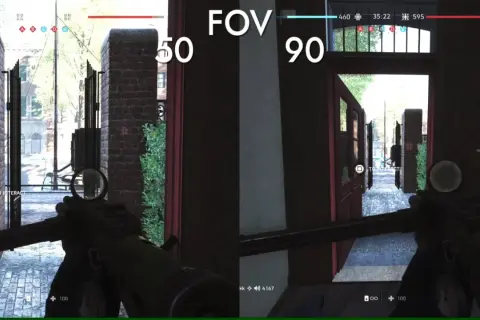 Porównanie pola widzenia (FOV) w grze: 50 vs 90. Szerszy FOV 90 daje lepszy obraz otoczenia.