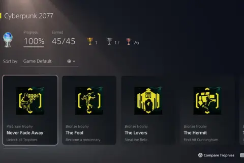 Cyberpunk 2077 trofea: 100% ukończenia, platynowe trofeum "Never Fade Away" i wiele innych.