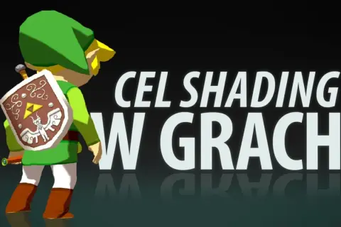 Link w zielonej czapce i z tarczą, styl cel shading. Napis "CEL SHADING W GRACCH" na ciemnym tle.