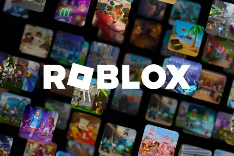 Logo Roblox otoczone mozaiką z miniaturkami fajne gry na roblox. Widać różne światy i postacie.