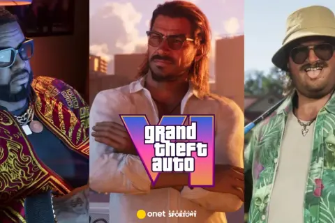 Trzy postacie z GTA 6: mężczyzna w złotym stroju, facet w okularach i białej koszuli, oraz ekscentryczny gracz w hawajskiej koszuli.