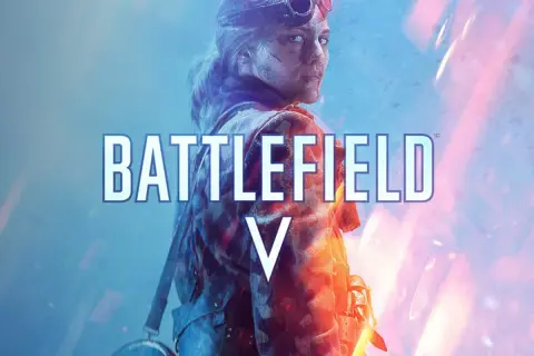 Kobieta w okularach lotniczych, z blizną na twarzy, w mundurze. Napis BATTLEFIELD V. To zapowiedź kampanii w grze.