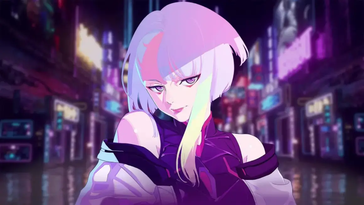 Lucy z Cyberpunk: Edgerunners, w neonowym mieście, z fioletowymi oczami i włosami w odcieniach różu i żółci.