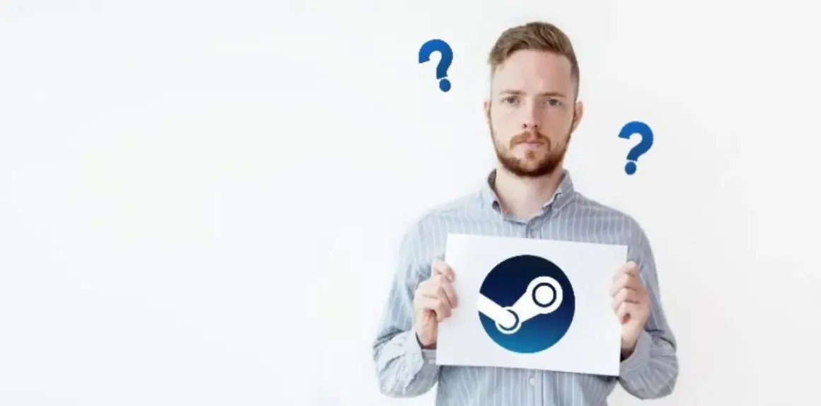 Mężczyzna trzyma kartkę z logo Steam, otoczony znakami zapytania.