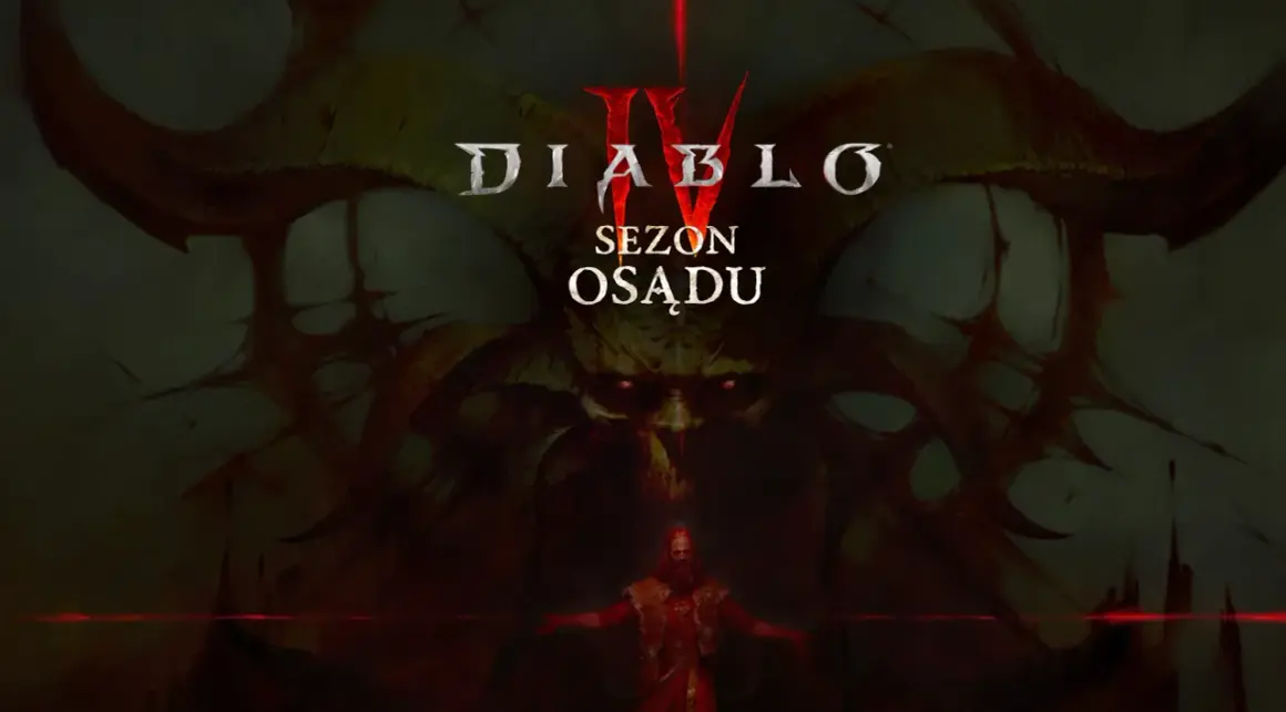 Diablo 4: Sezon Osądu. Mroczna wizja z przerażającą postacią w centrum i logiem gry.