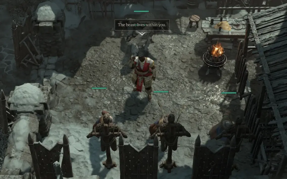 Diablo 4: Tajemnice Źródła. Postać w czerwonej zbroi stoi przed wilkami, słysząc "Bestia żyje w tobie".