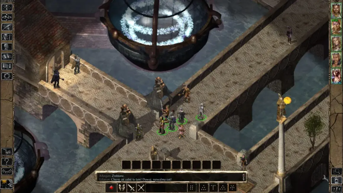 Drużyna w Baldur's Gate na kamiennych mostach nad wodą, przygotowuje się do walki.