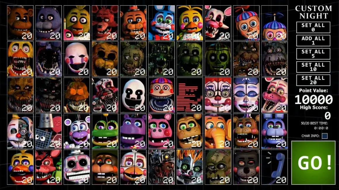 Wybór postaci do gry fnaf 7. Na ekranie Custom Night widzimy wiele animatroników, każdy z ustawionym poziomem trudności 20.