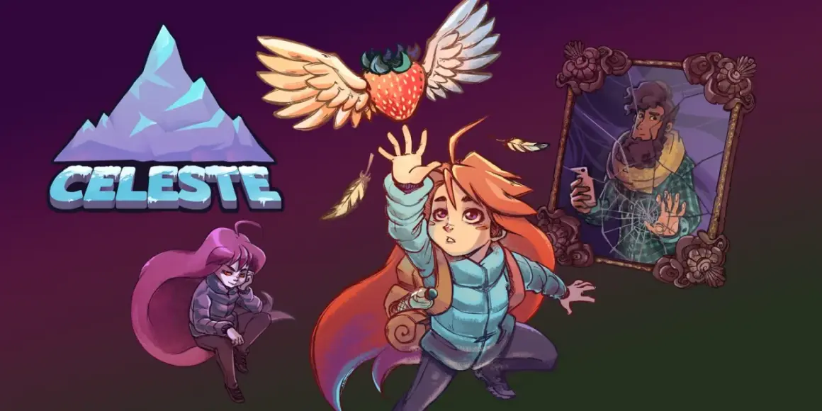 Grafika z gry Celeste: Madeline wspina się, a obok siedzi jej mroczna wersja. W tle latają skrzydlate truskawki i odbicie w lustrze.