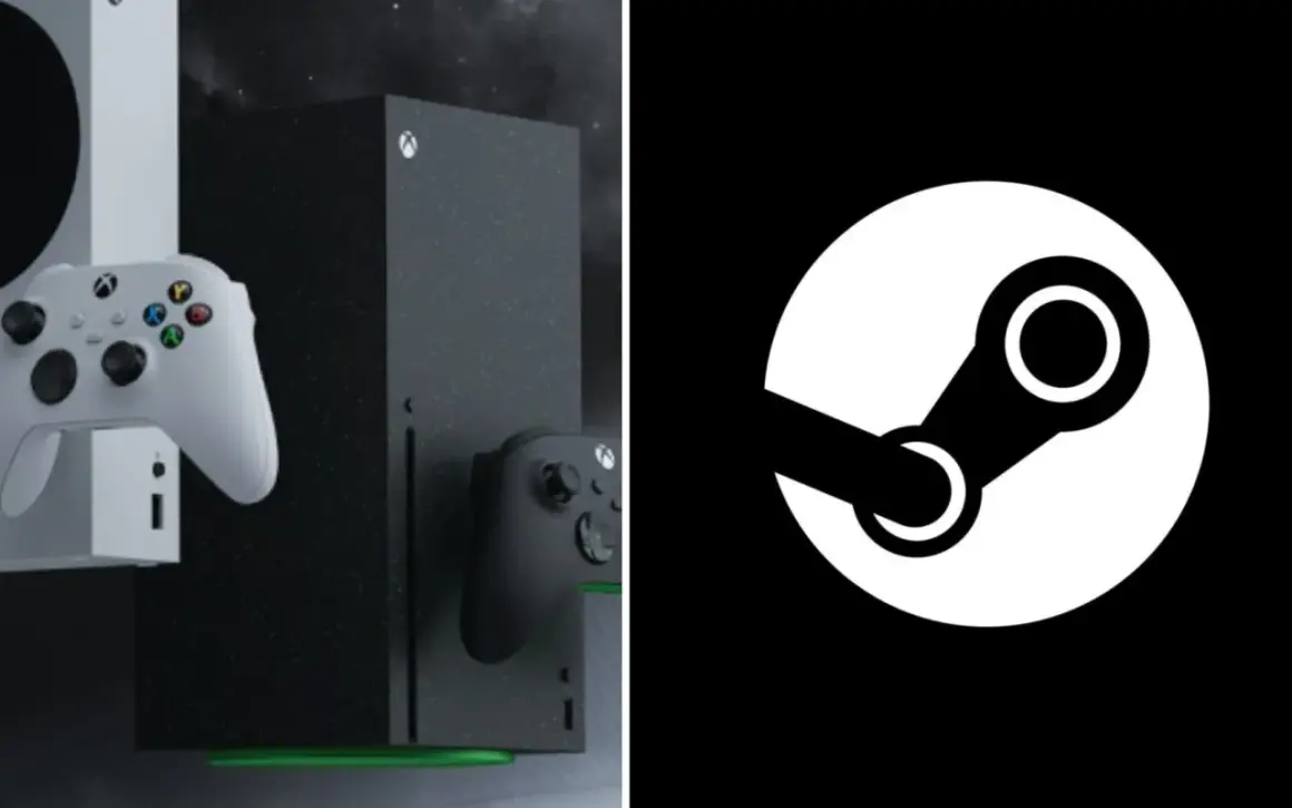Dwa konsole Xbox Series X/S z kontrolerami i logo Steam. Marzenie o graniu w gry Steam na Xboxie.