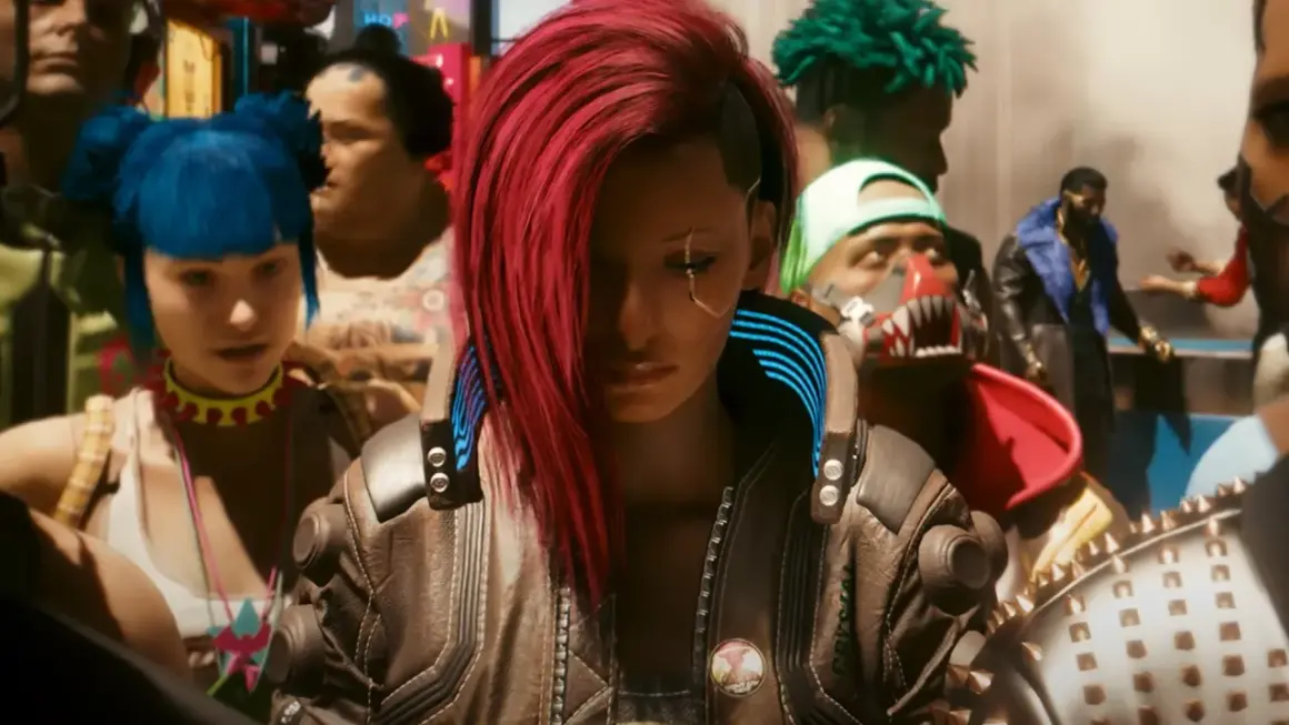 Postacie w grze cyberpunk online: dziewczyna z niebieskimi włosami, kobieta z rudymi włosami i cybernetycznymi implantami, mężczyzna w futrzanym płaszczu.