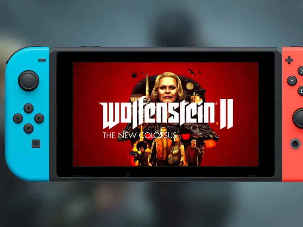 Nintendo Switch z okładką Wolfenstein II: The New Colossus. Ta gra to kolejny rozdział w chronologii Wolfenstein, pełen akcji i walki.