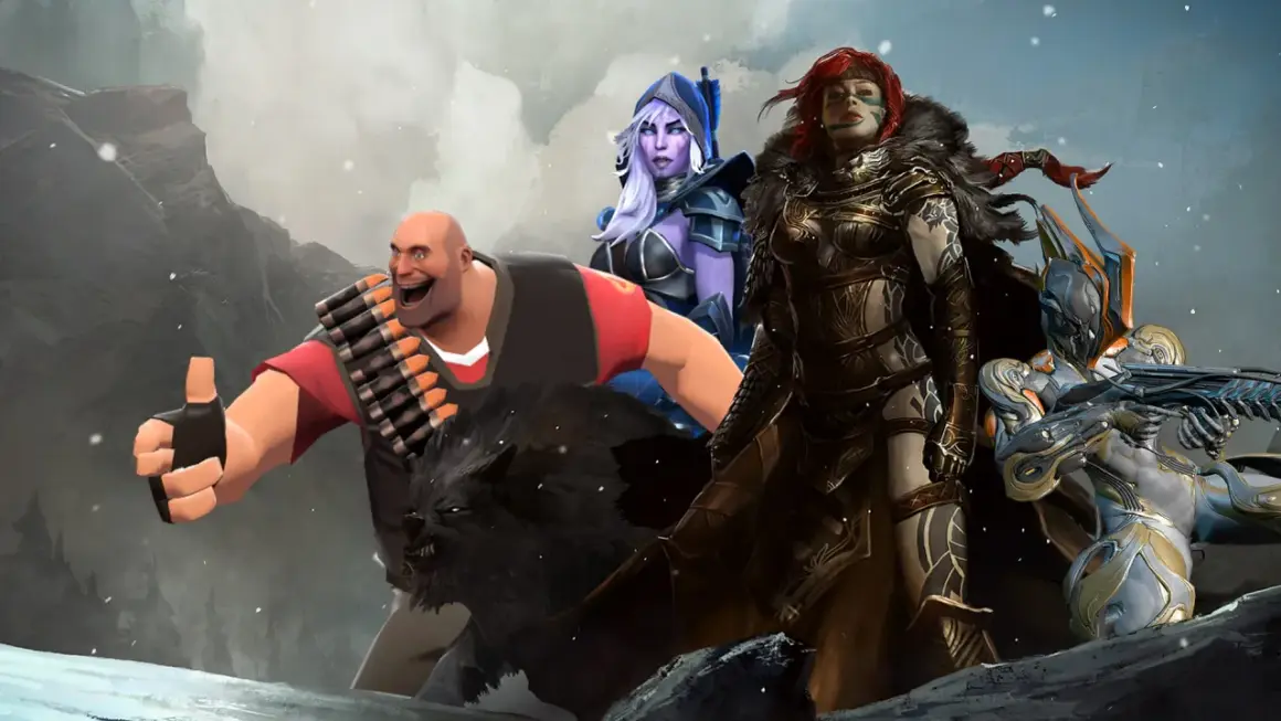 Postacie z gier, w tym Heavy z TF2, w śnieżnym krajobrazie. Idealne do odkrywania darmowych gier na Steam!