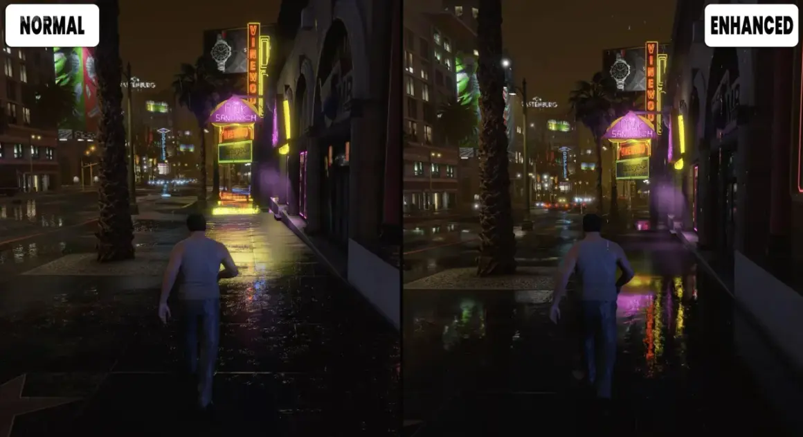 Porównanie grafiki GTA 5: "Normal" vs "Enhanced". Lepsza jakość obrazu i detali, gdy spełnione są gta 5 wymagania.