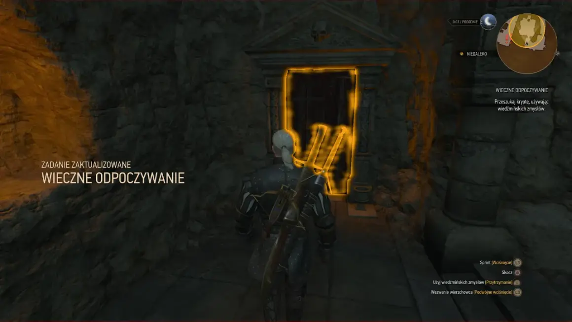 Geralt stoi przed magicznie podświetlonym wejściem do krypty. Zadanie "Wieczne odpoczywanie" zaktualizowane.